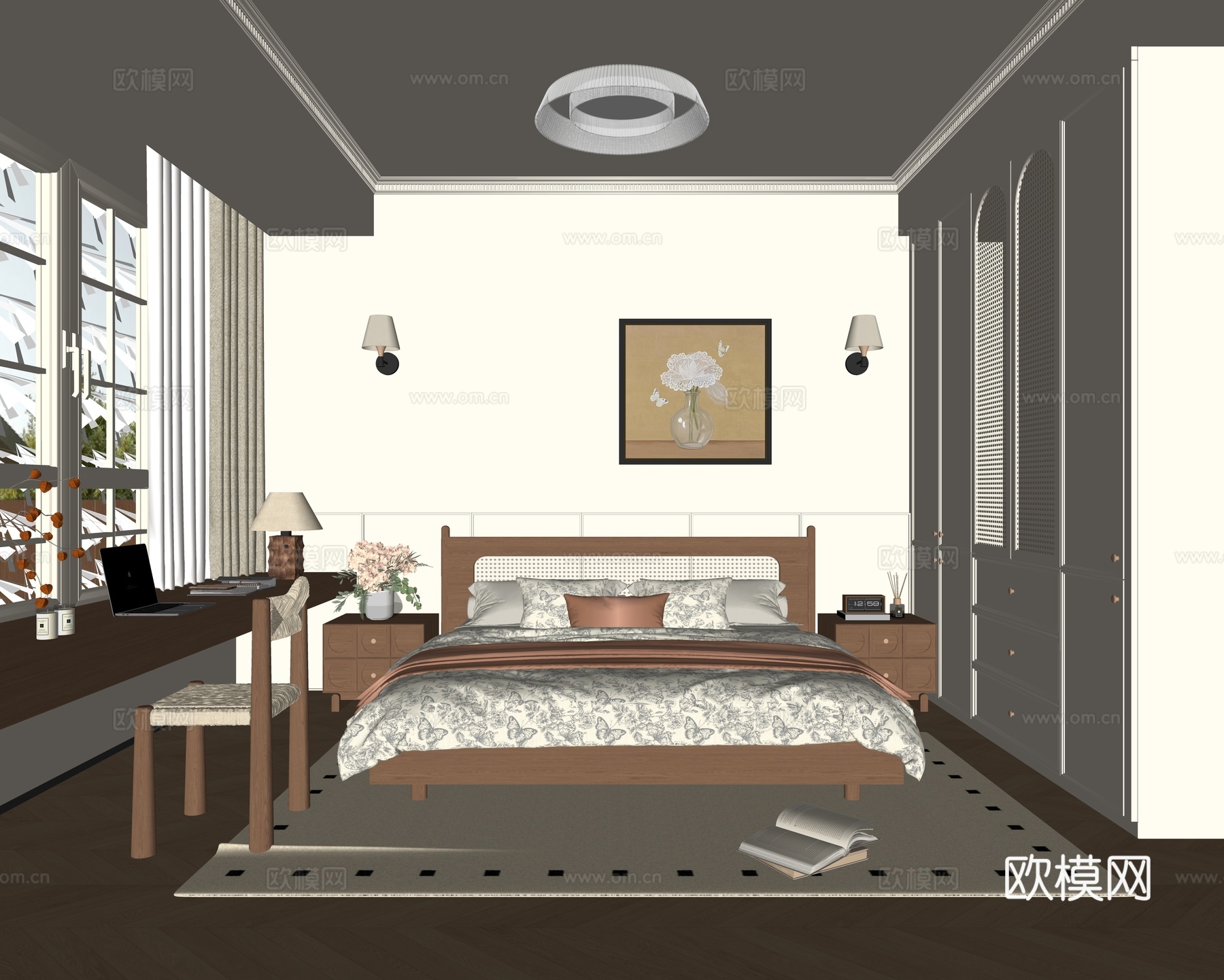 法式中古风卧室 木质双人床 床头柜 飘窗书桌 单椅 吸顶灯su模型