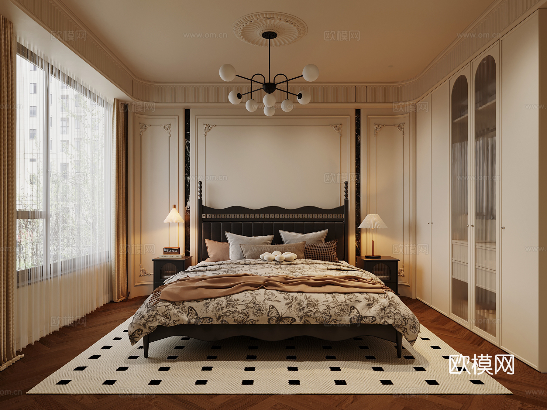 法式卧室 双人床 衣柜su模型