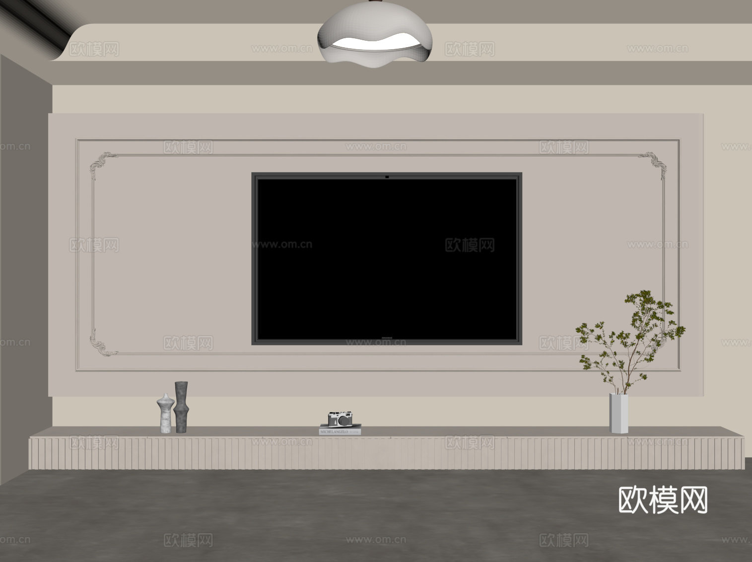 法式奶油风电视背景墙 电视柜su模型