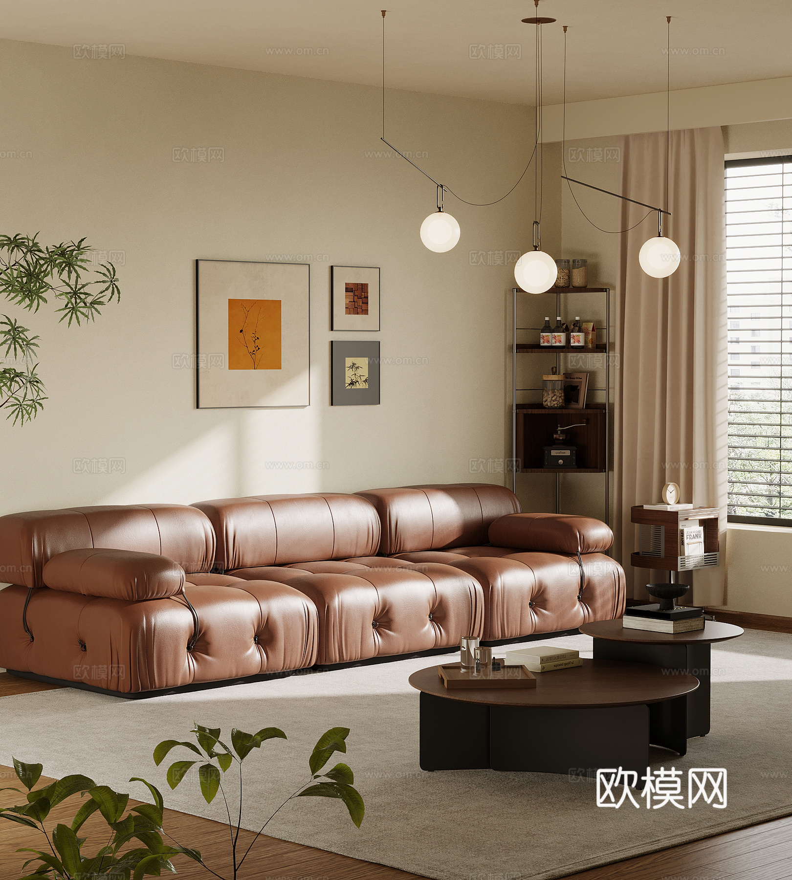 法式复古风多人沙发 直排沙发 皮质沙发su模型
