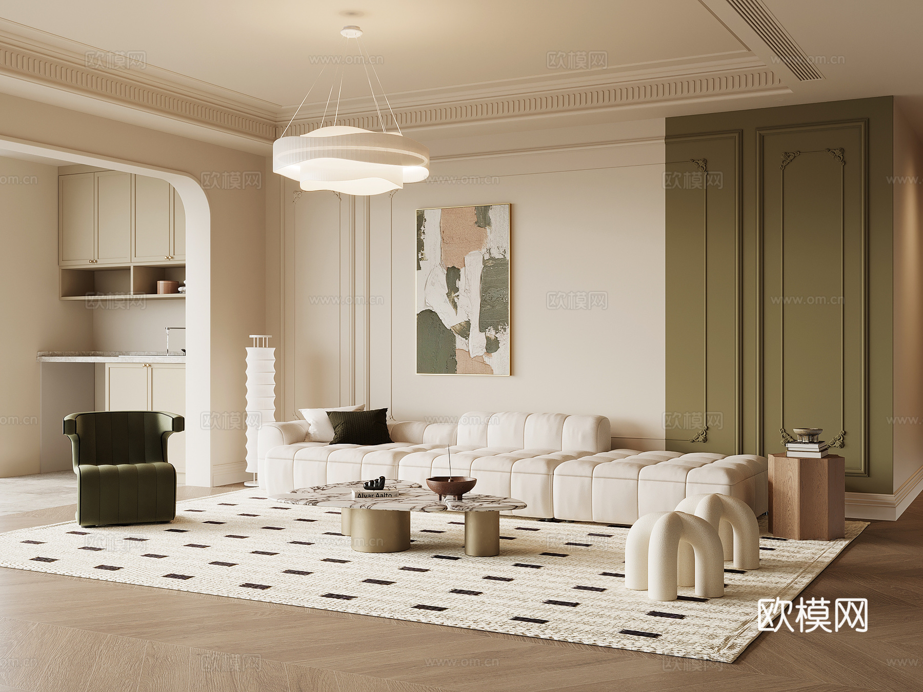 现代奶油风客厅 沙发背景墙 沙发茶几组合su模型