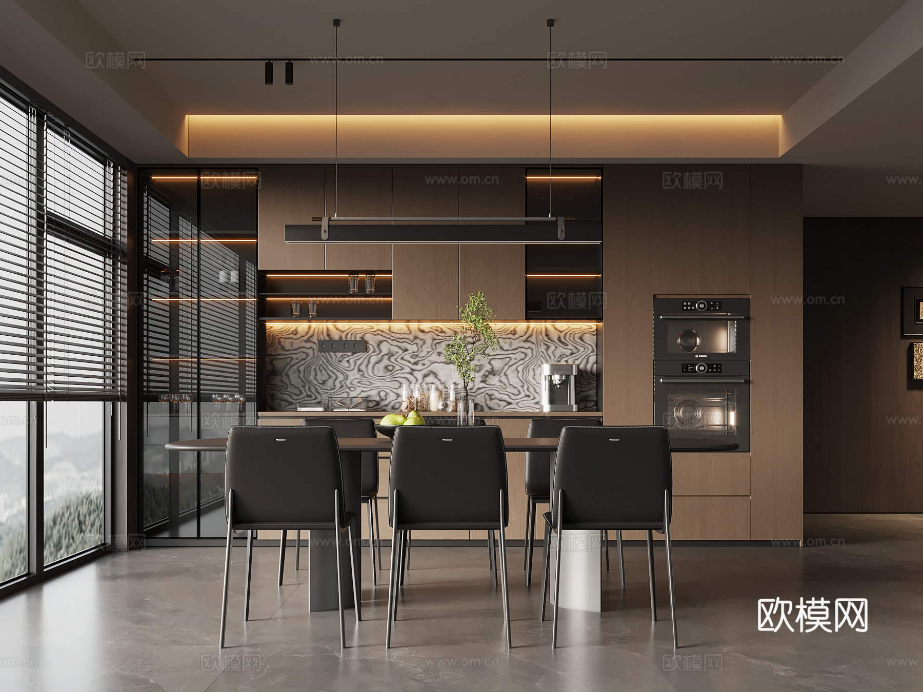 现代意式餐厅 酒柜 餐边柜 餐桌椅su模型