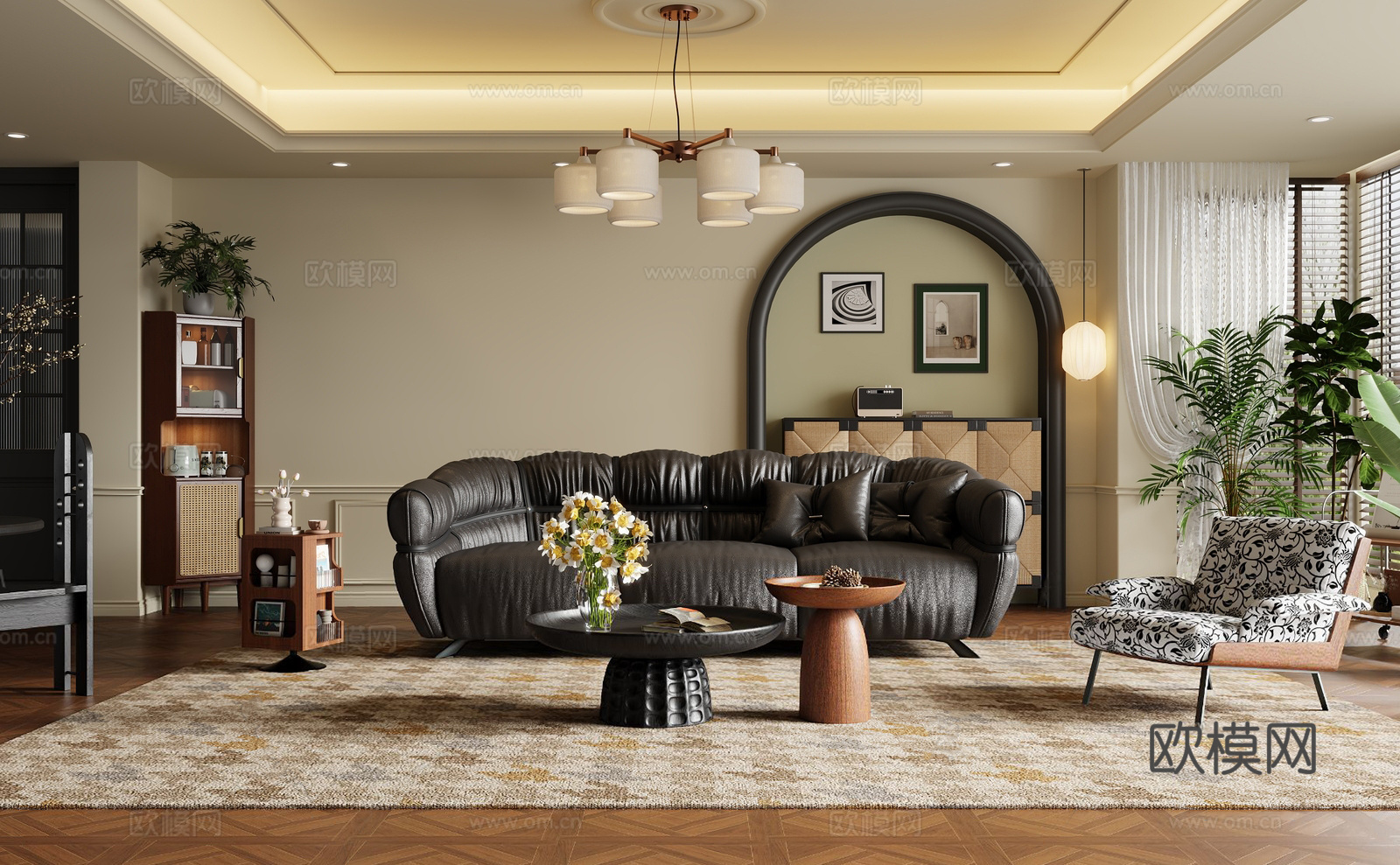 法式复古客厅沙发 法式中古茶几组合 法式吊灯沙发背景 法式复su模型
