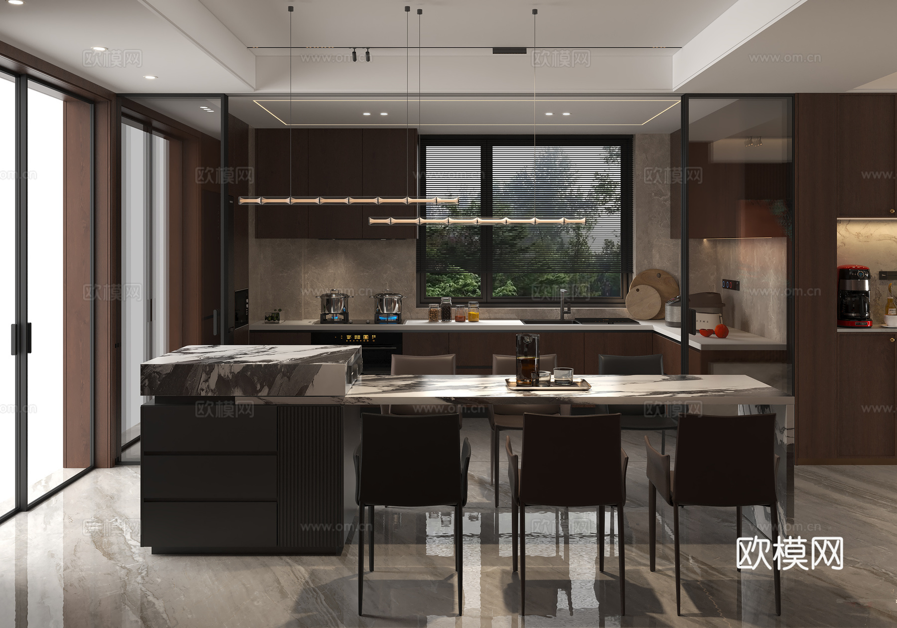 现代意式西厨厨房 意式餐吧台椅吊灯 现代岛台吊灯 意式皮革单su模型