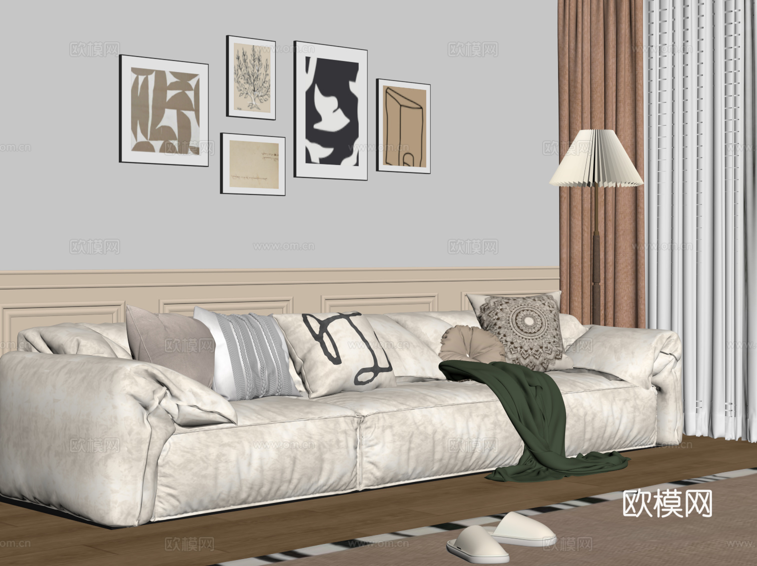 法式奶油风多人沙发 直排沙发su模型
