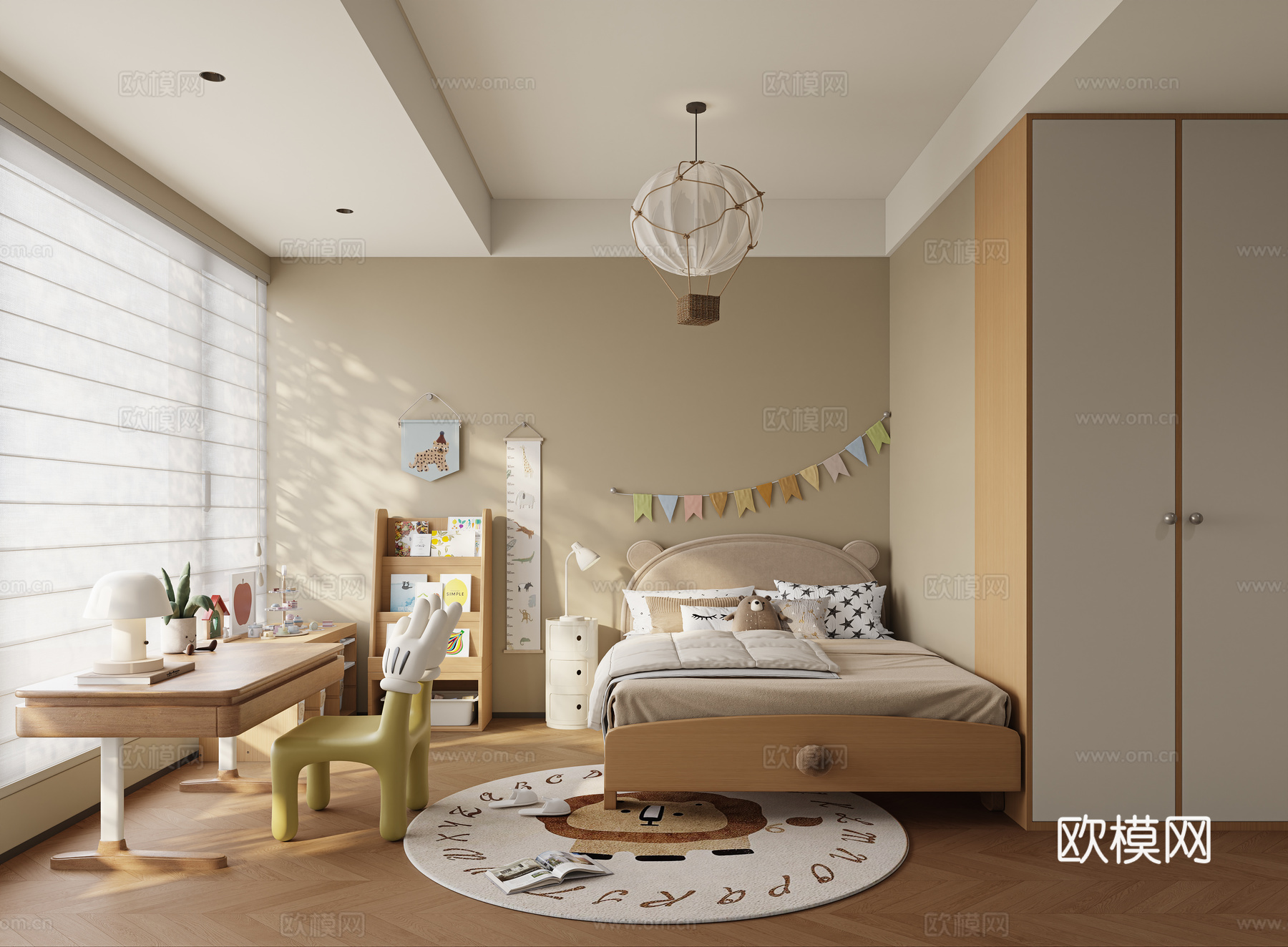 现代儿童房 通用儿童房 实木儿童床 成品书桌椅 升降书桌 书su模型