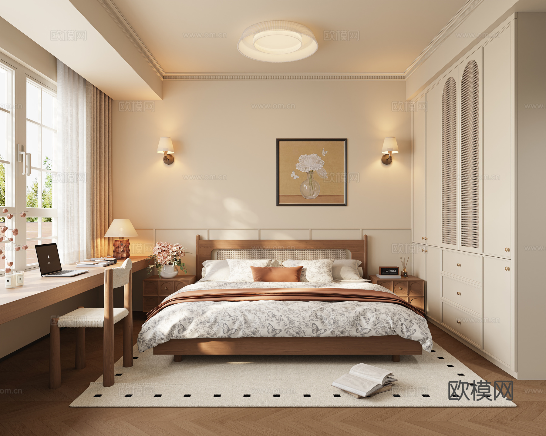 法式中古风卧室 木质双人床 床头柜 飘窗书桌 单椅 吸顶灯su模型