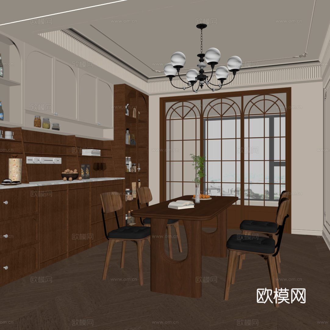 中古风餐厅 餐桌椅 酒柜su模型