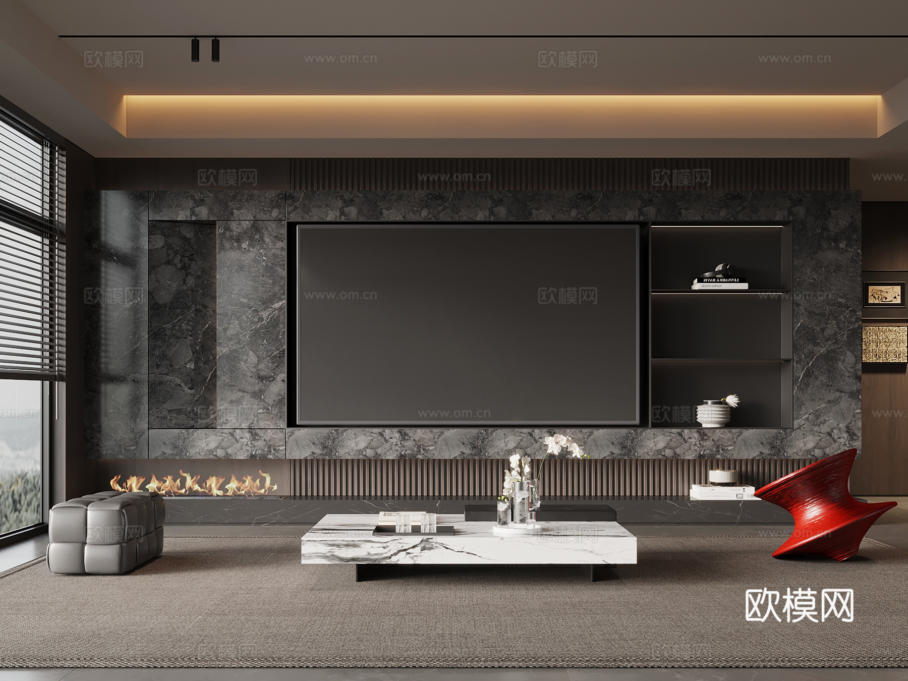 现代意式客厅 电视背景墙 沙发茶几组合su模型