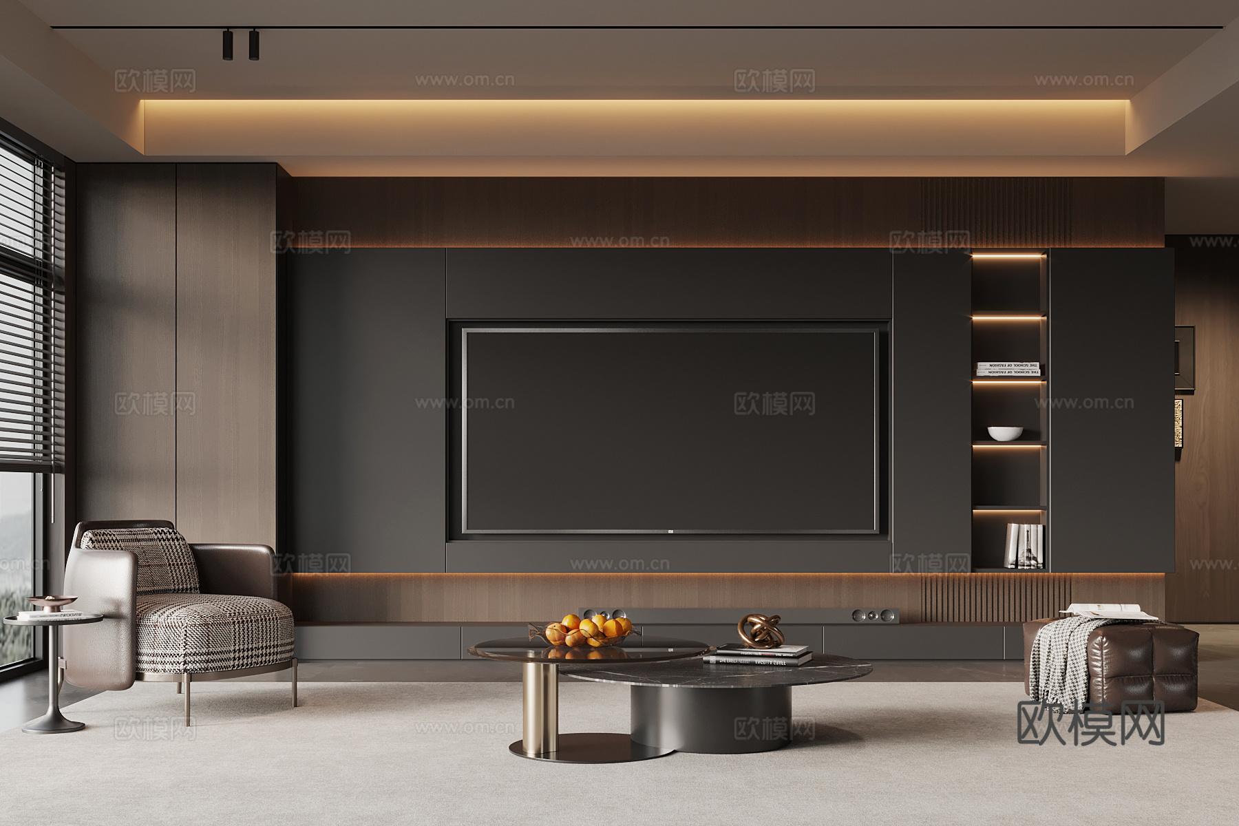现代意式客厅 电视背景墙 电视柜 沙发茶几组合su模型