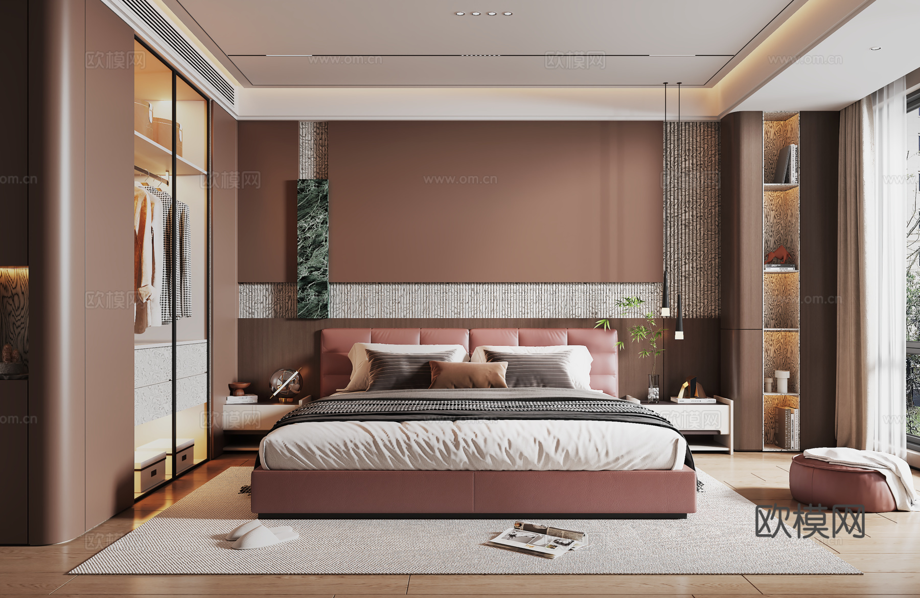 意式轻奢卧室 衣柜 床头柜 双人床su模型