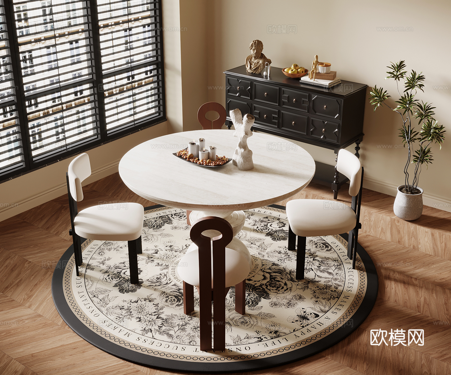 法式复古风餐桌椅 餐边柜 绿植盆栽su模型