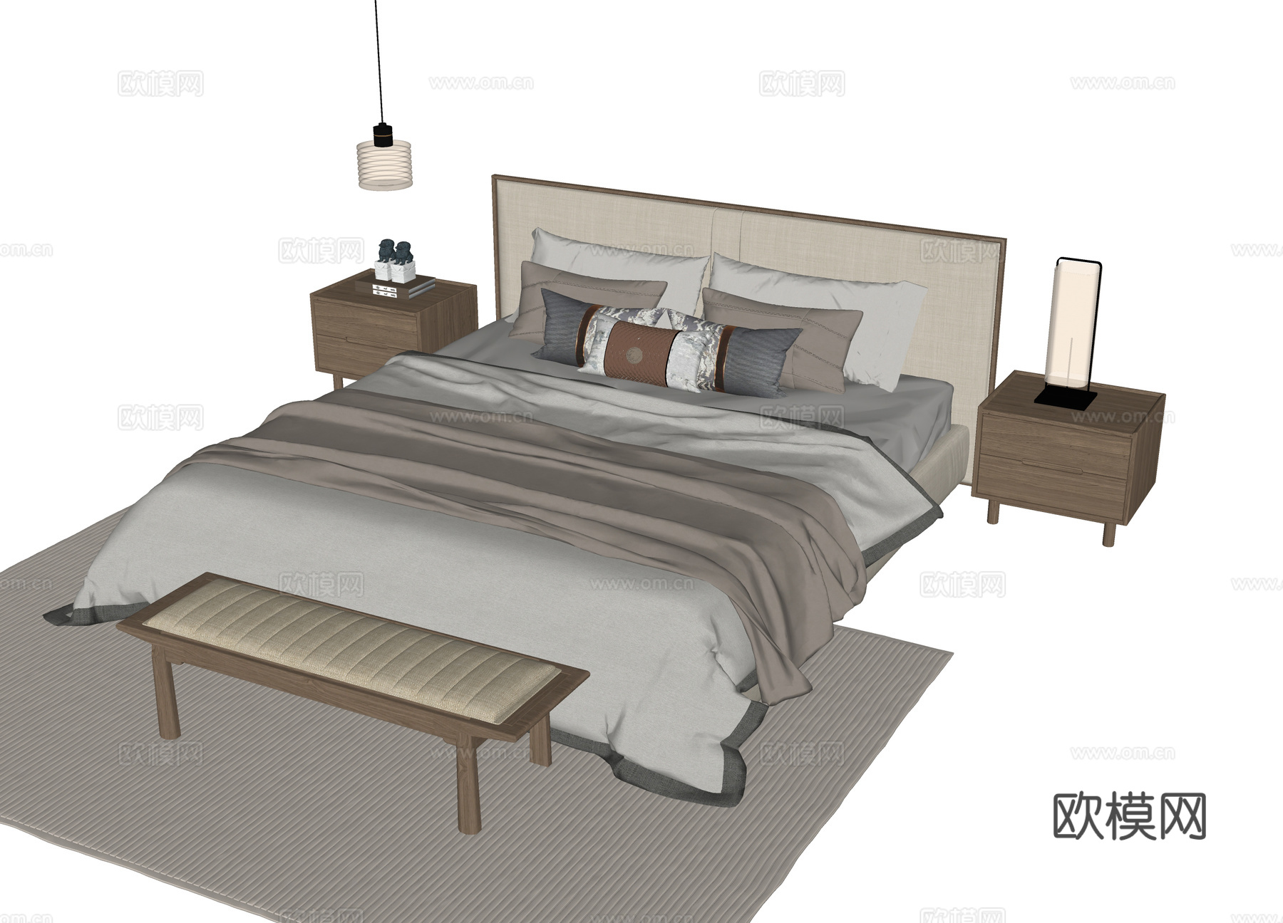 新中式双人床 床尾凳 床头柜su模型