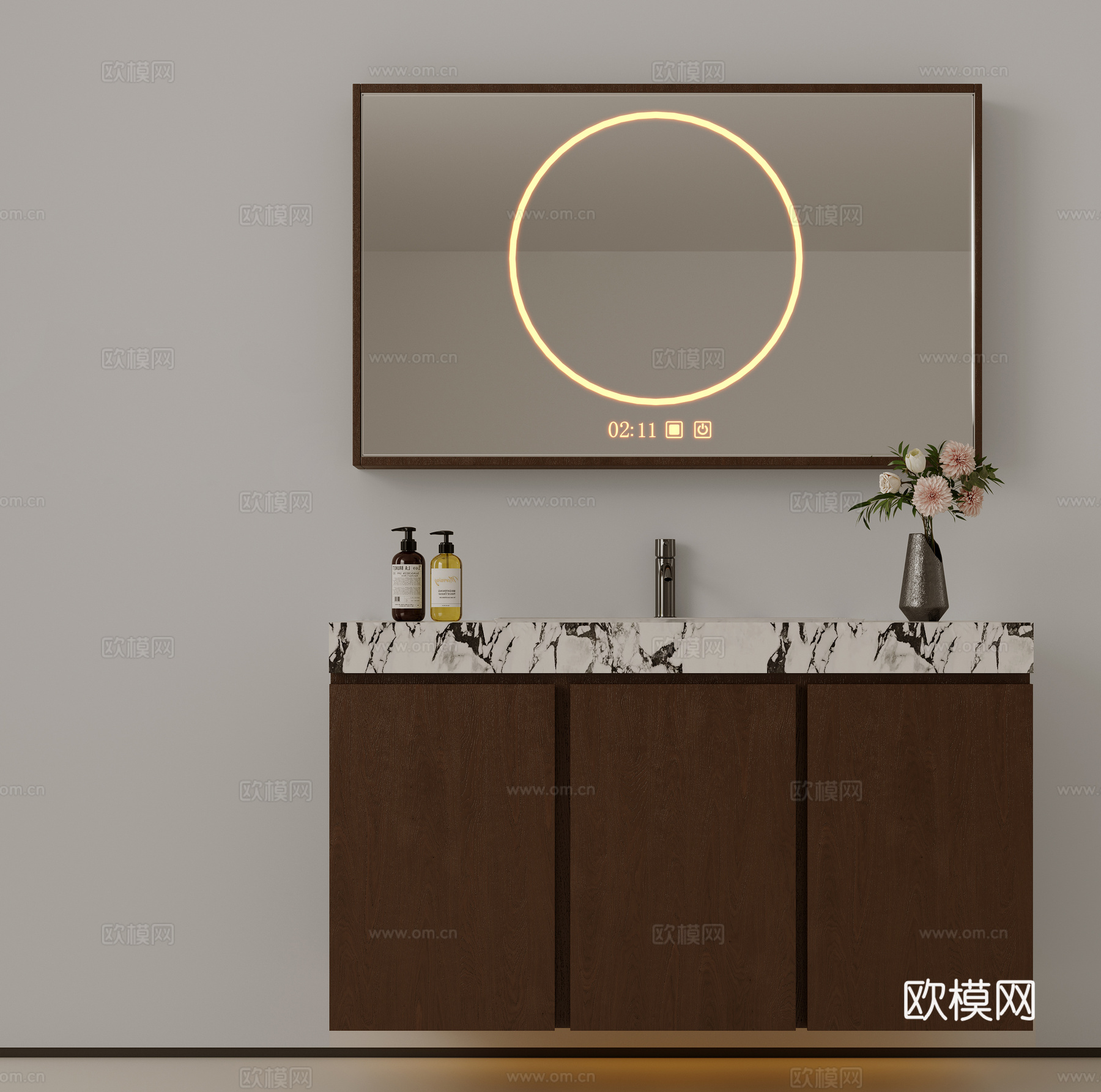 现代极简洗手台 中古浴室柜 台盆柜 装饰品摆件 镜子 水龙头su模型