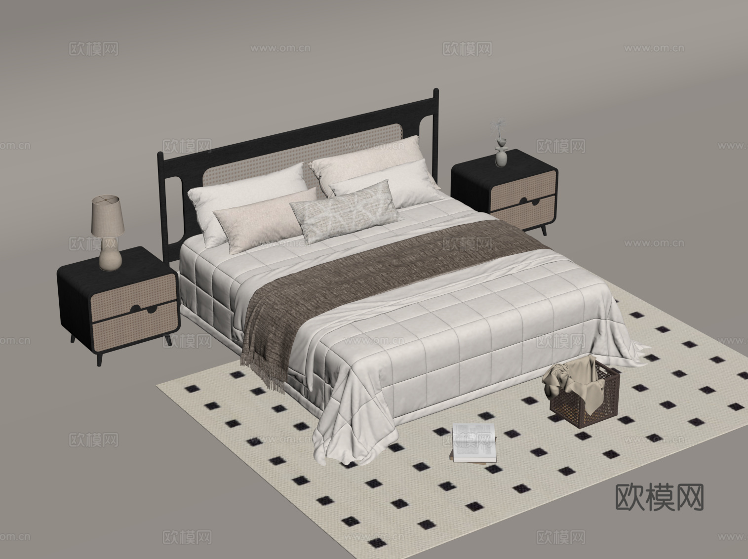 法式复古风双人床 床头柜su模型