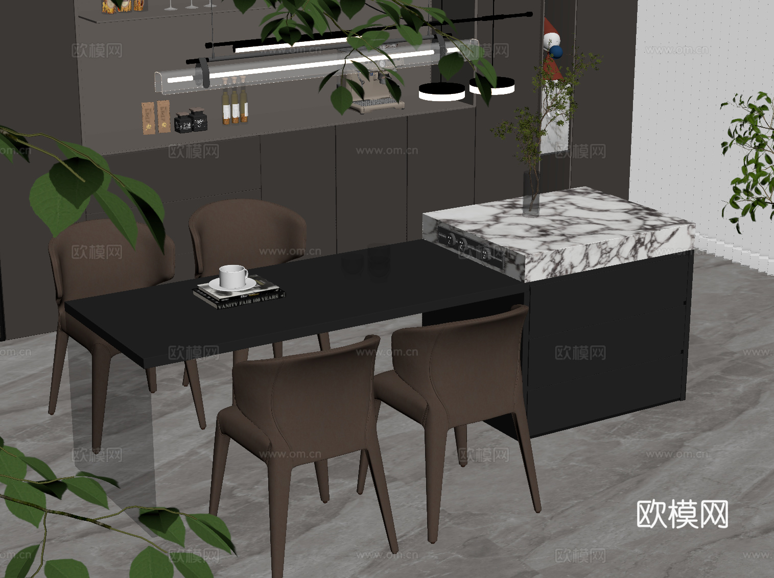 现代意式岛台 餐桌椅su模型