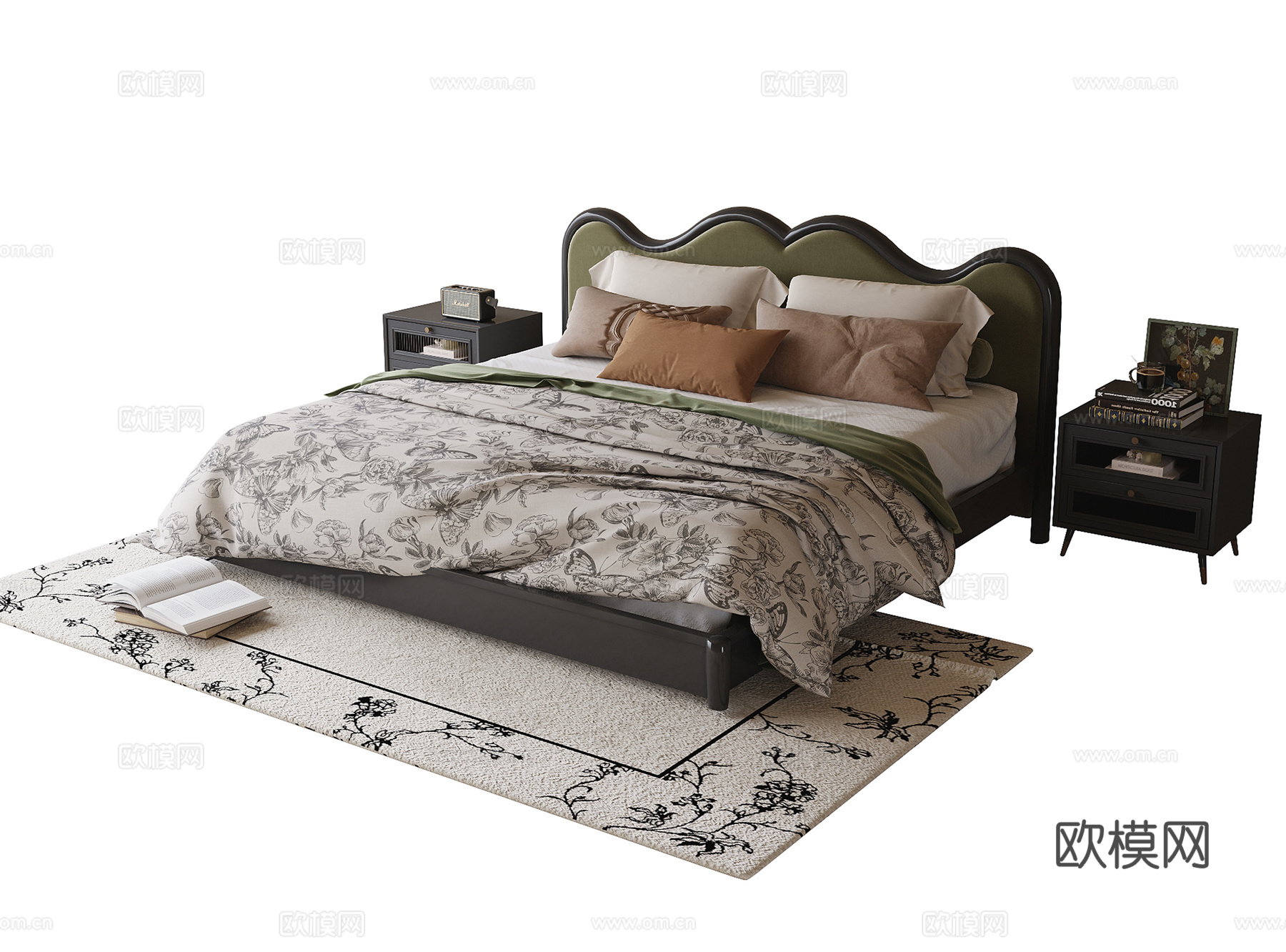 现代双人床 地毯su模型