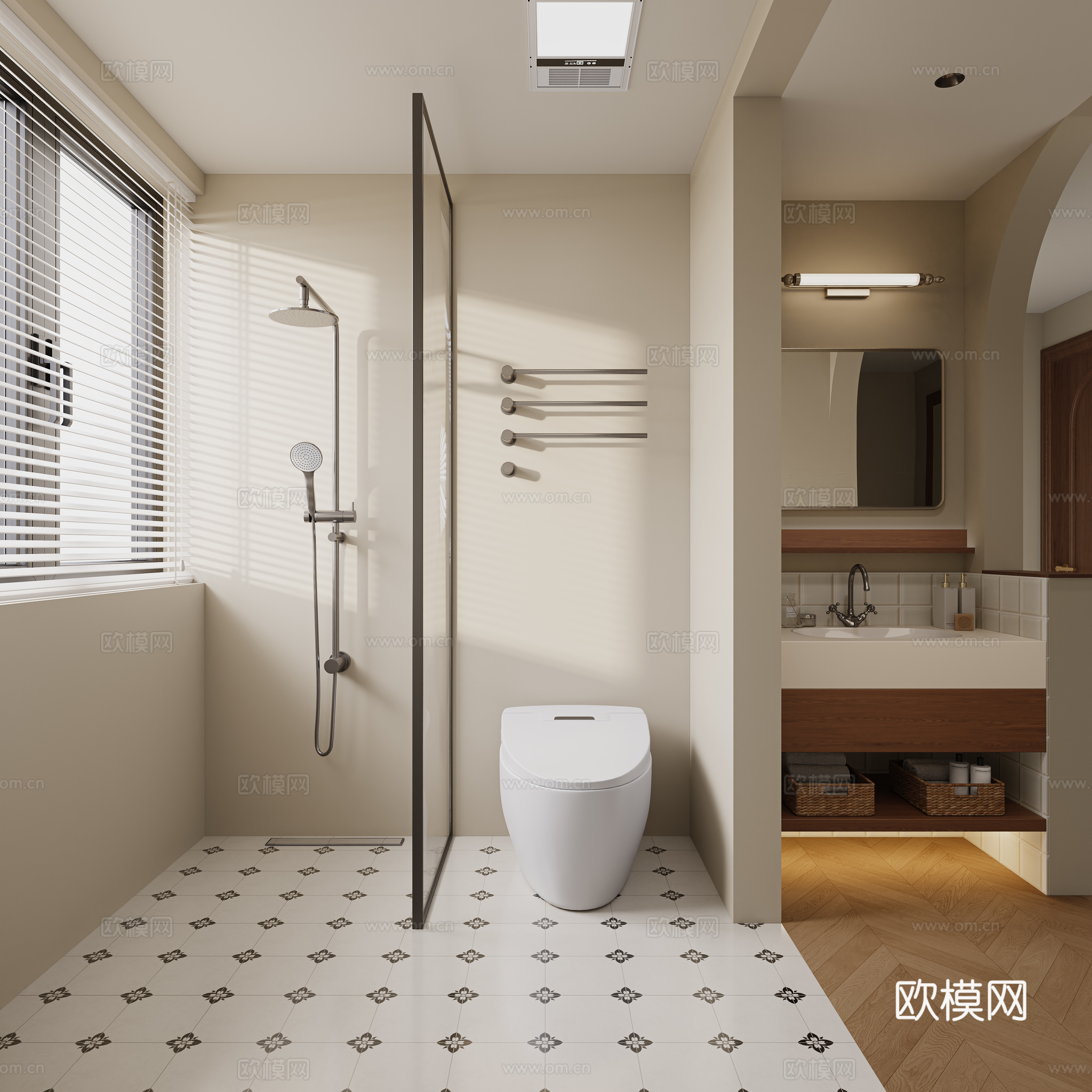 中古风卫生间  浴室柜 花洒 洗手盆 马桶 洗护用品 毛巾架3d模型