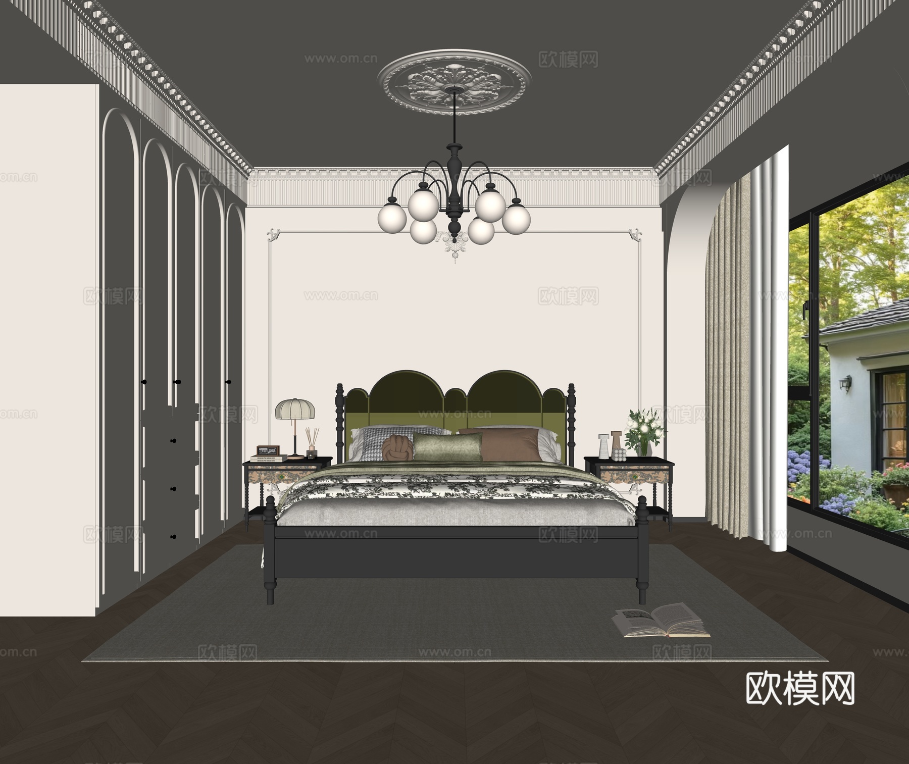 法式卧室 主灯卧室 长辈房 老人房 实木双人床 床头柜 吊灯su模型