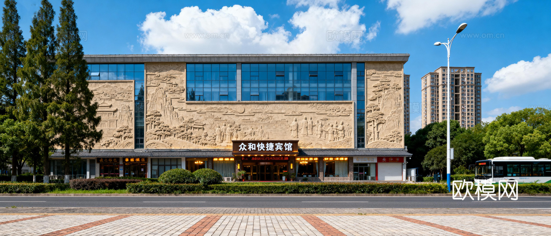 现代城区街景 日景 店面房