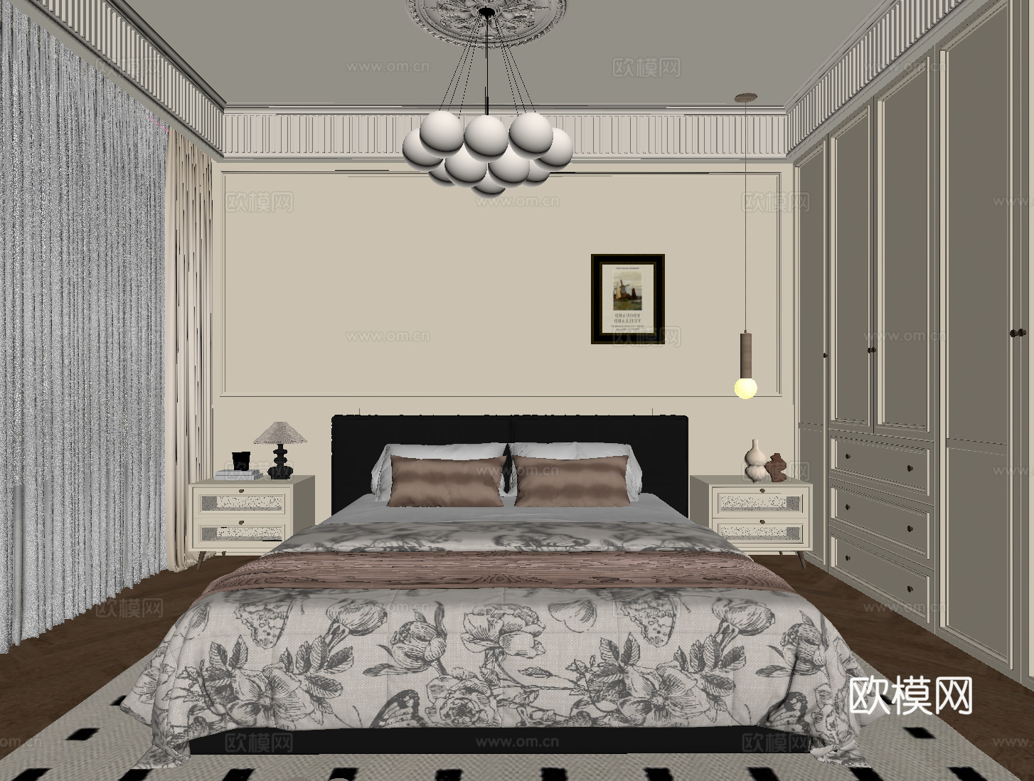 法式卧室 双人床 衣柜su模型