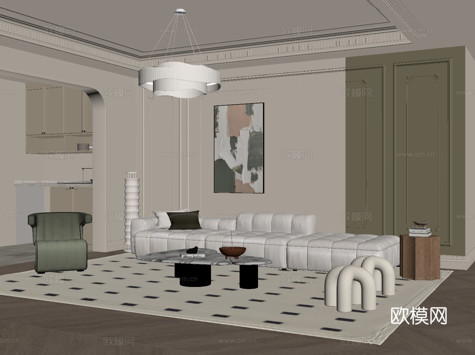 现代奶油风客厅 沙发背景墙 沙发茶几组合su模型