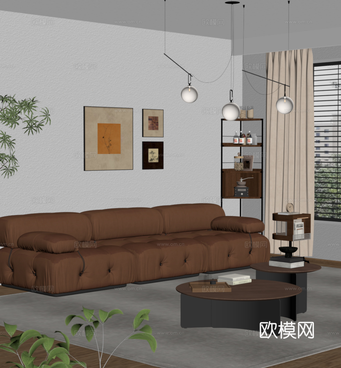 法式复古风多人沙发 直排沙发 皮质沙发su模型