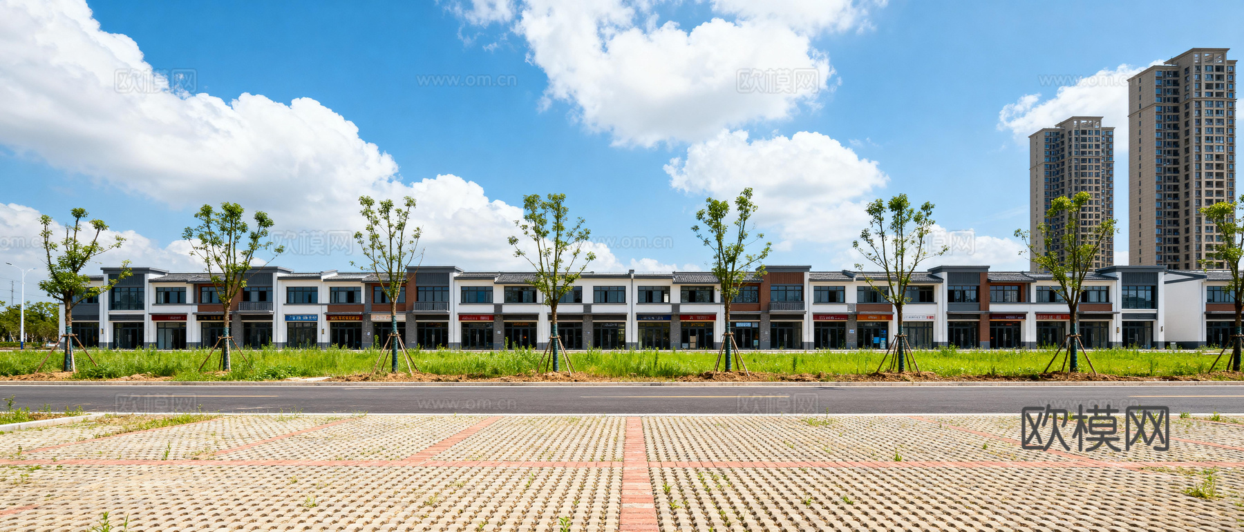 现代城区街景 日景 店面房