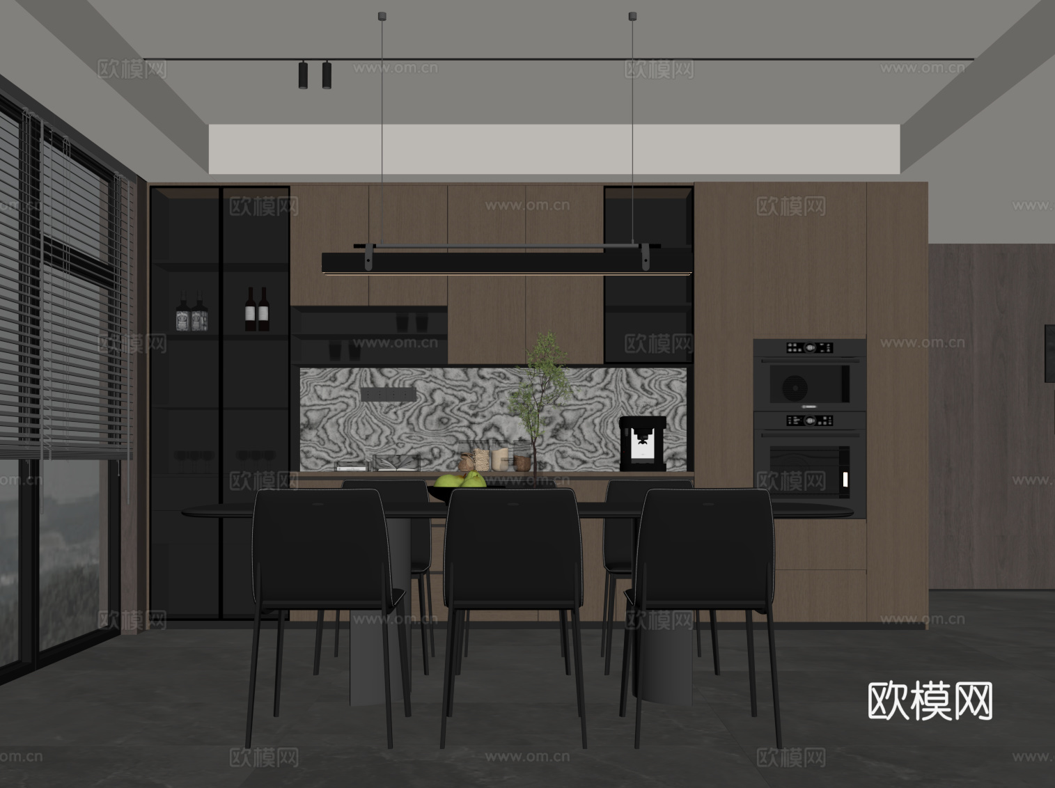 现代意式餐厅 酒柜 餐边柜 餐桌椅su模型