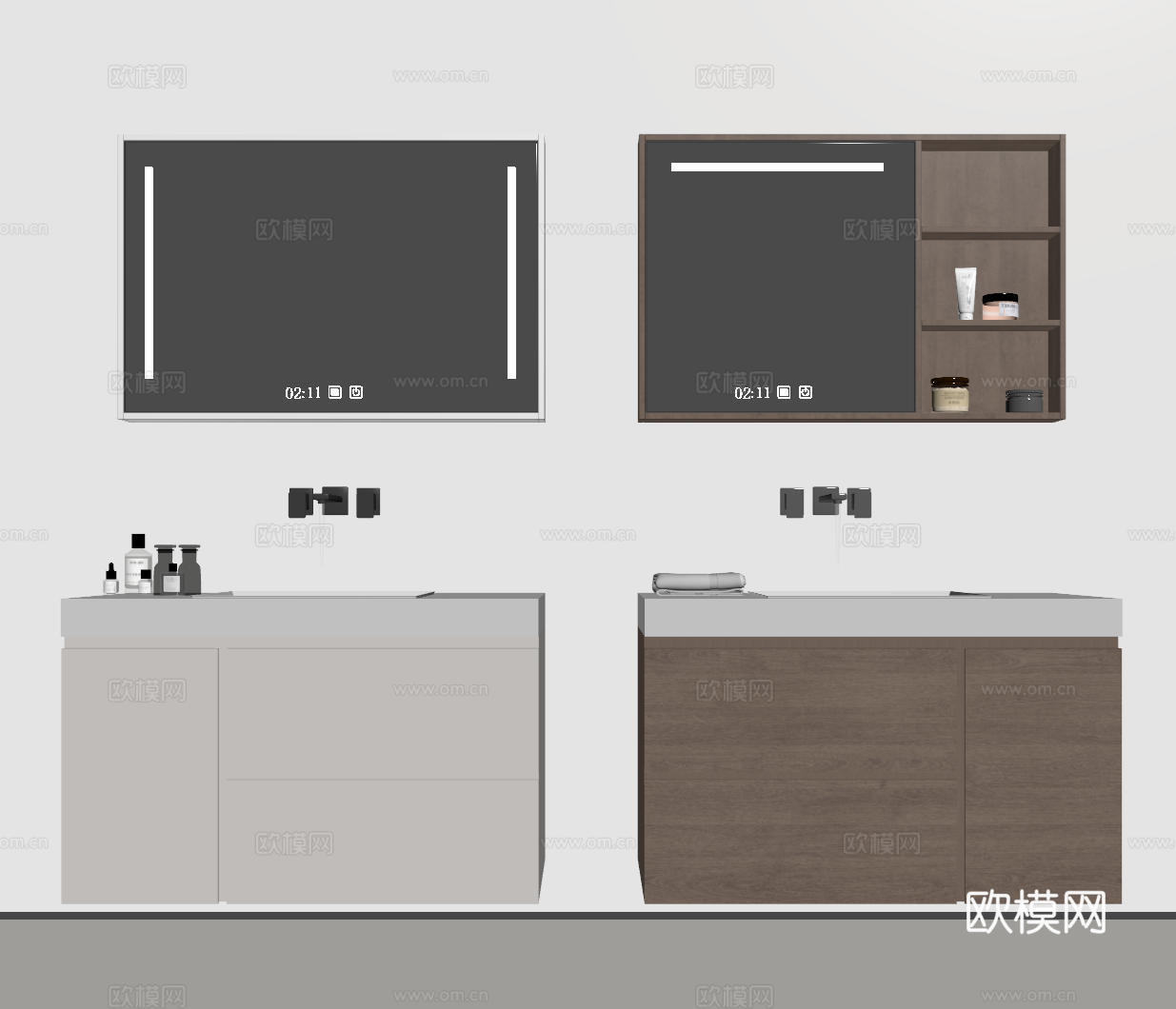 现代极简洗手台 中古浴室柜 台盆柜 装饰品摆件 镜子 水龙头su模型