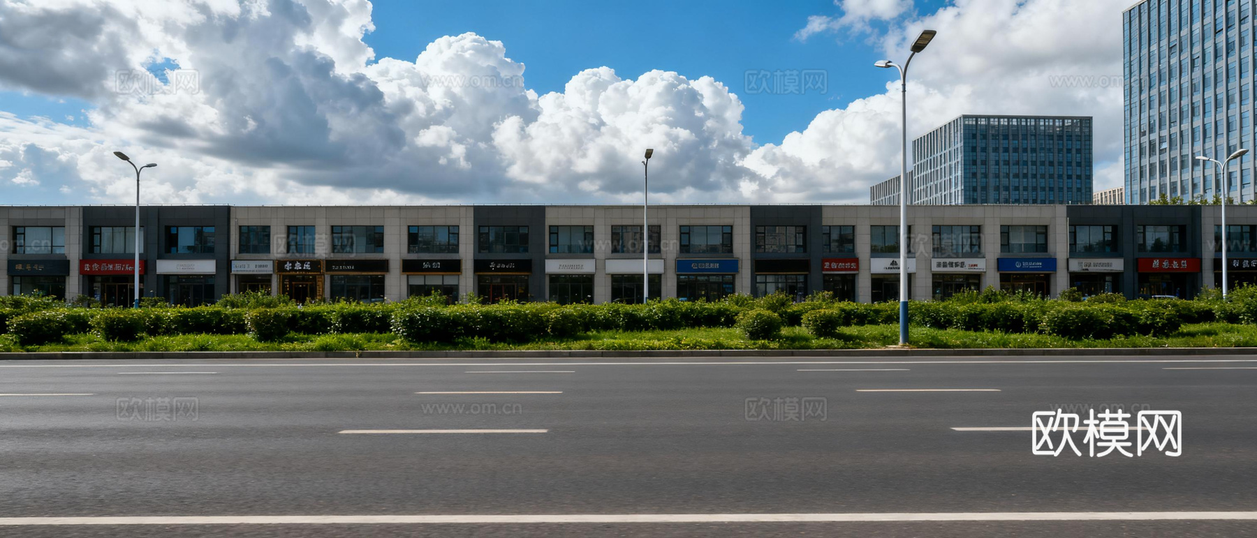 现代城区街景 日景 店面房