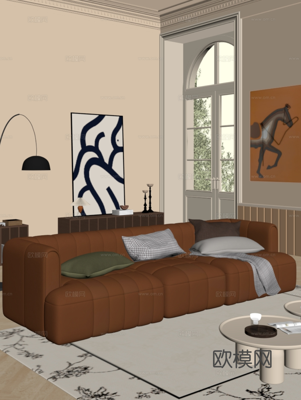 法式复古风多人沙发 直排沙发su模型