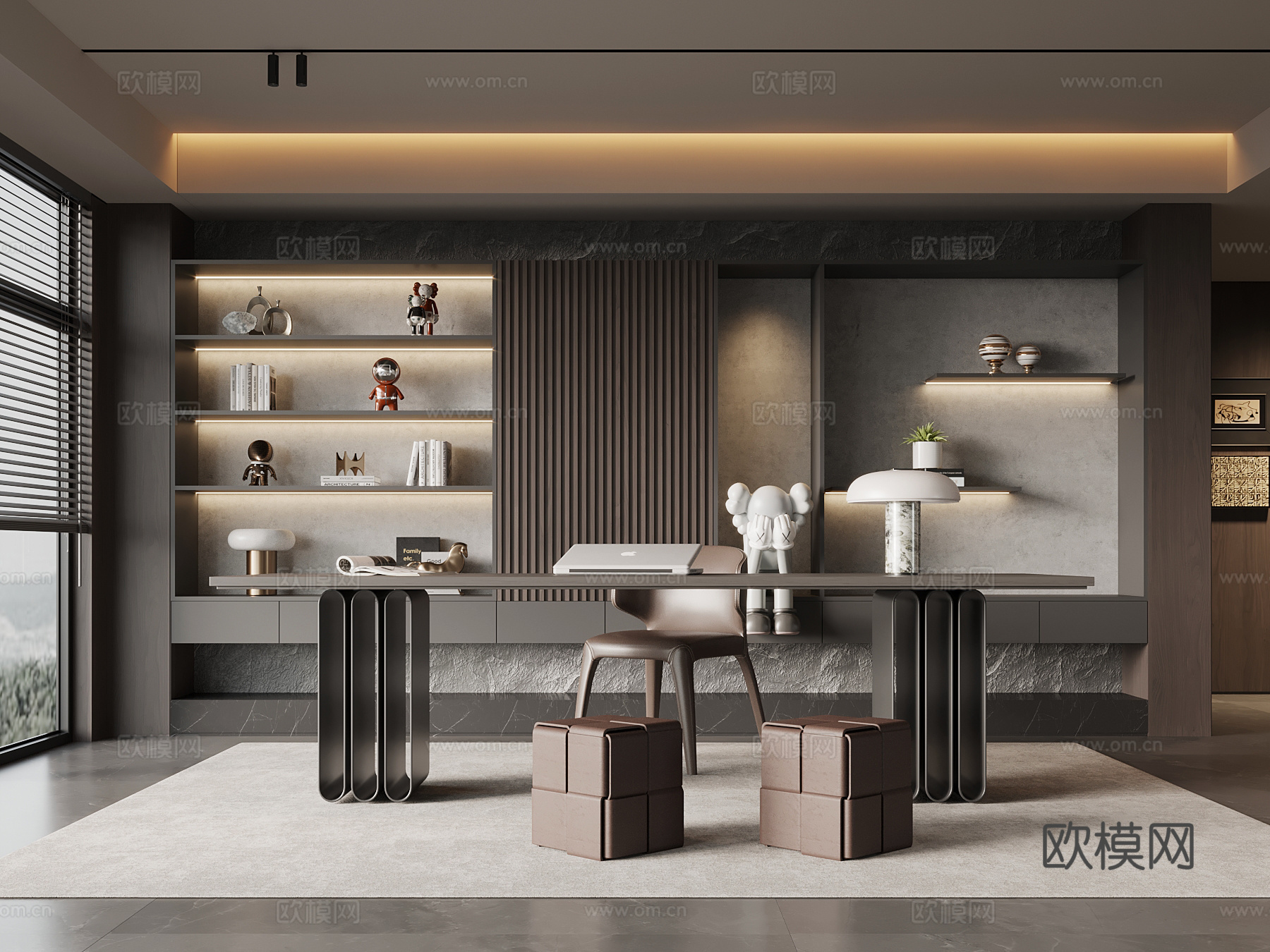 现代意式书房 书柜 书桌椅 办公桌椅su模型