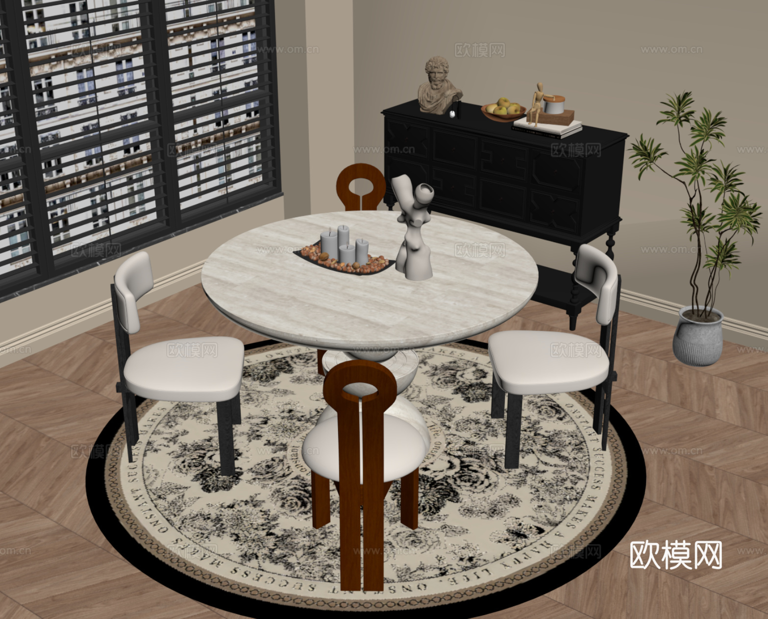 法式复古风餐桌椅 餐边柜 绿植盆栽su模型
