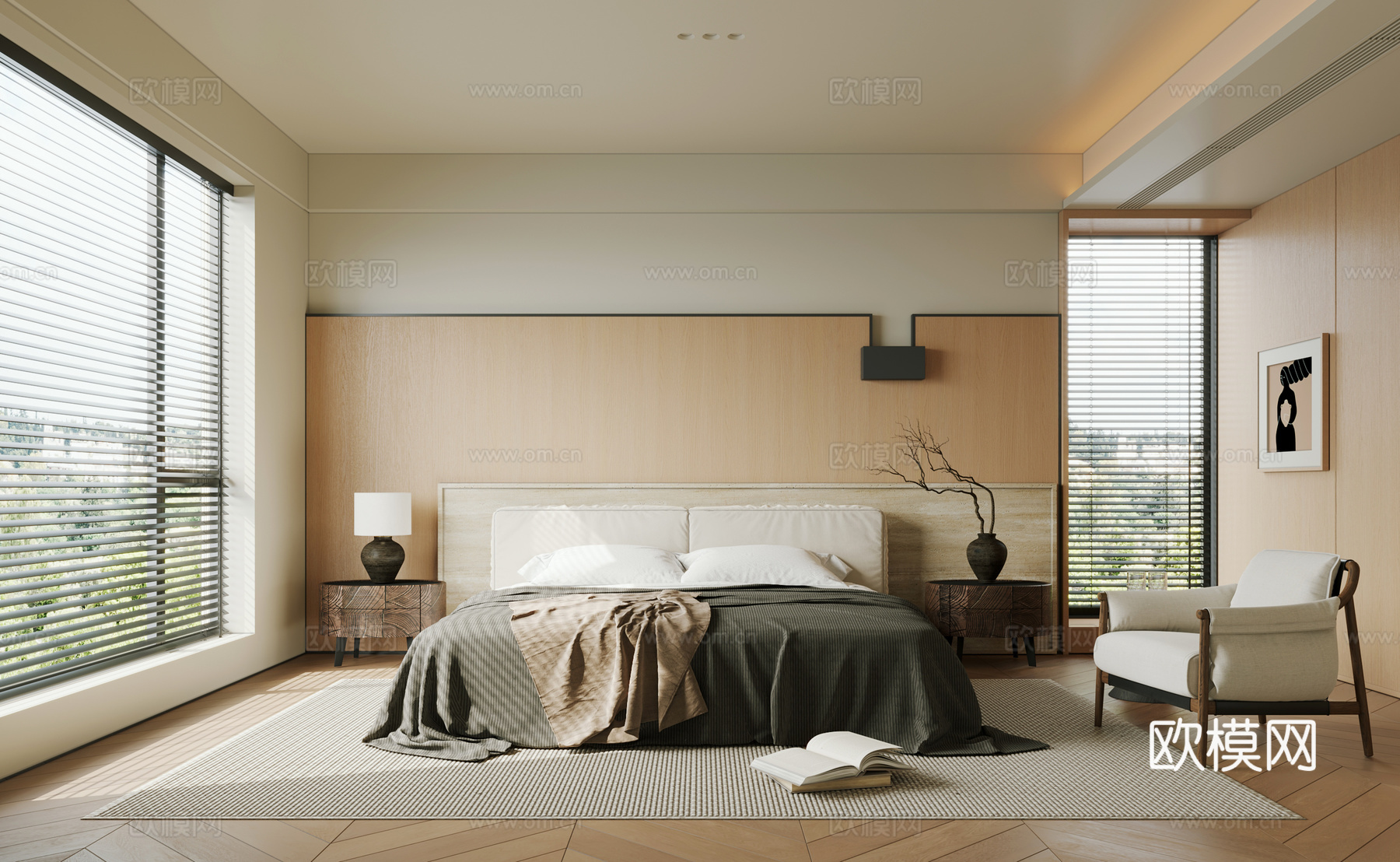 侘寂卧室 飘窗卧室 主卧 原木风卧室3d模型下载