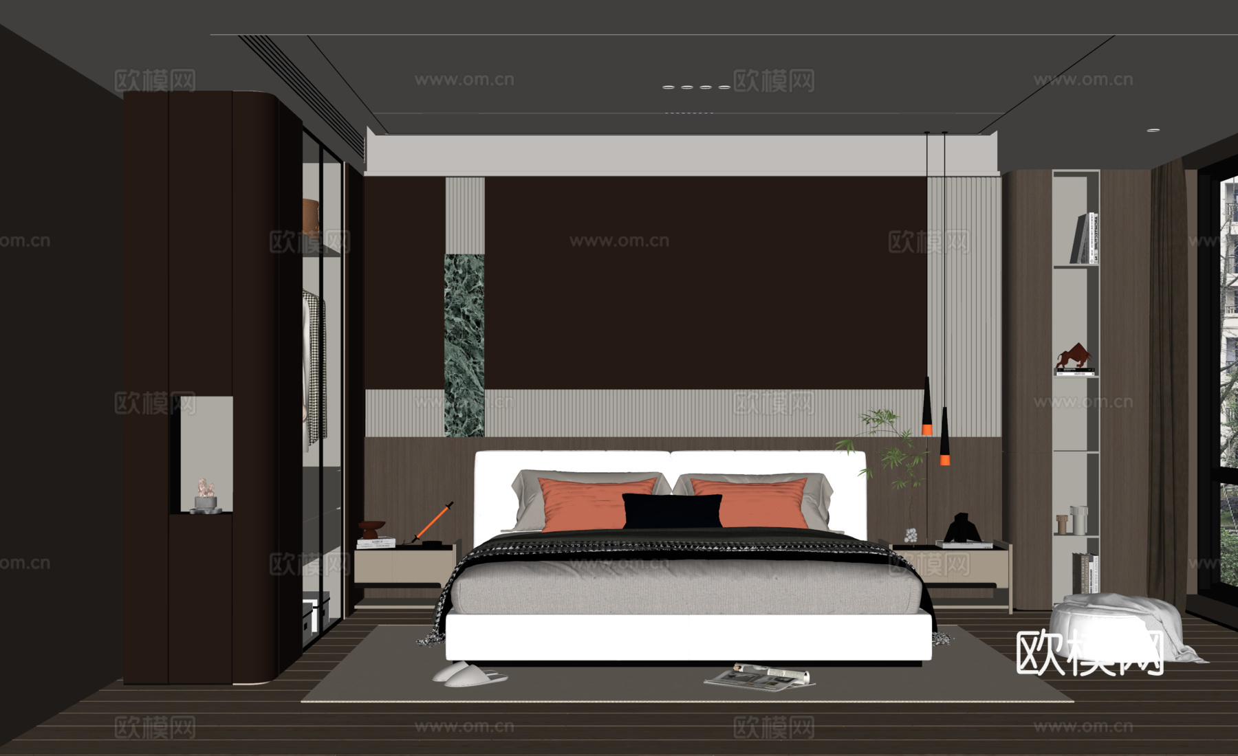 意式轻奢卧室 衣柜 床头柜 双人床su模型