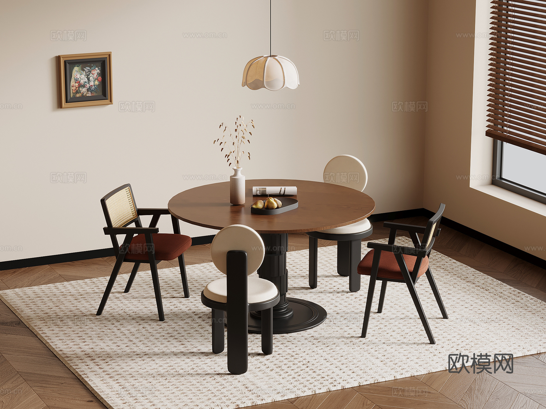 法式复古风餐桌椅  圆形餐桌椅su模型