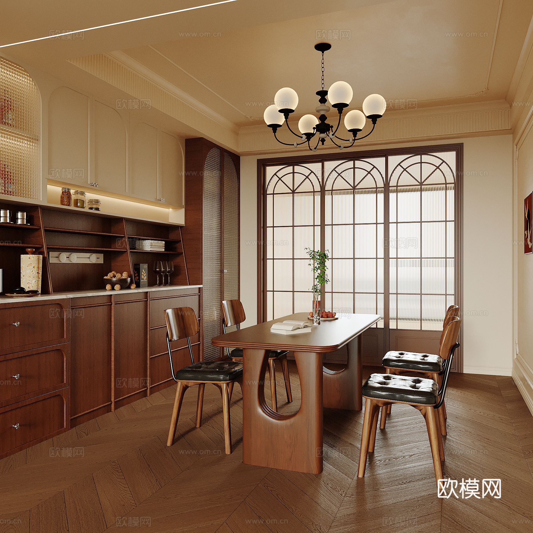 中古风餐厅 餐桌椅 酒柜su模型