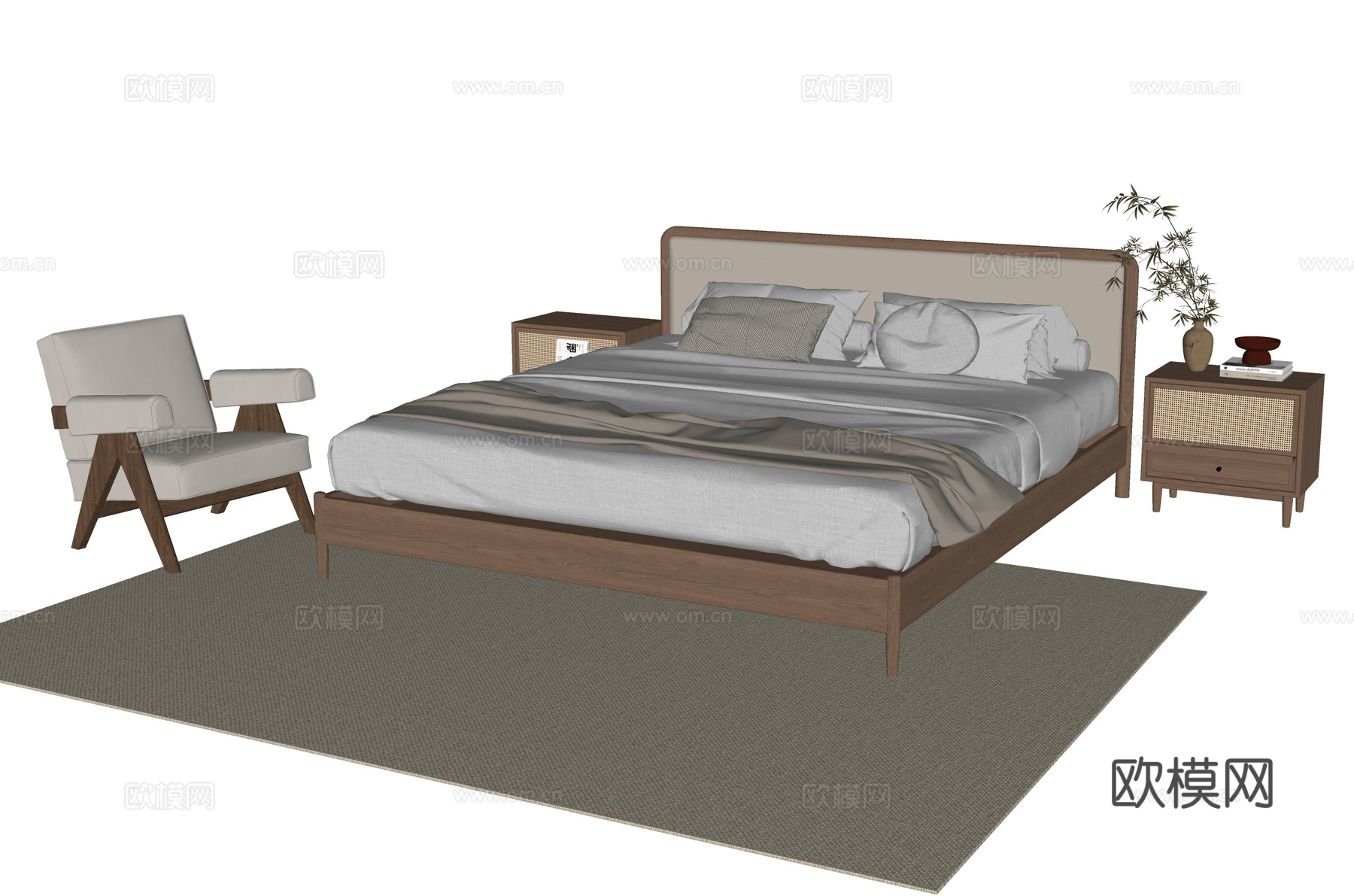 现代双人床 休闲椅su模型