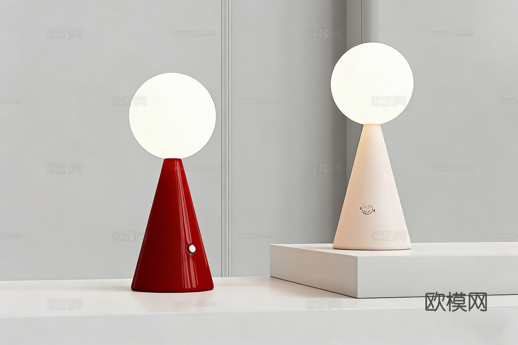 现代简约台灯 意式极简台灯 红白双色 台灯套组 锥形底座 球su模型