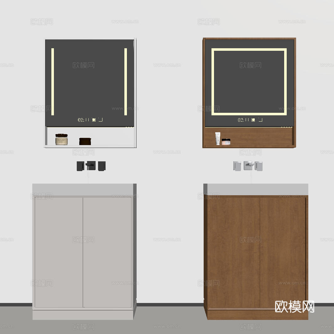 现代极简洗手台 中古浴室柜 台盆柜 装饰品摆件 镜子 水龙头su模型