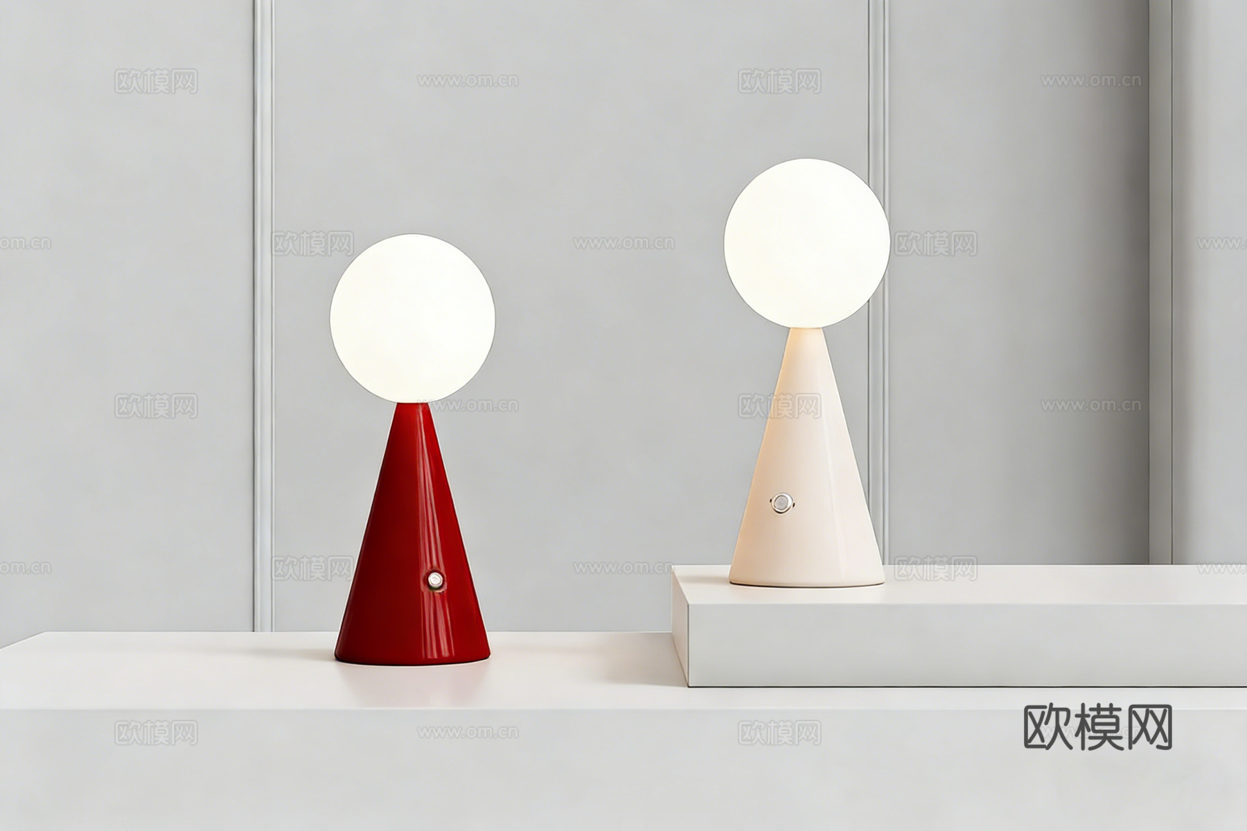 现代简约台灯 意式极简台灯 红白双色 台灯套组 锥形底座 球su模型