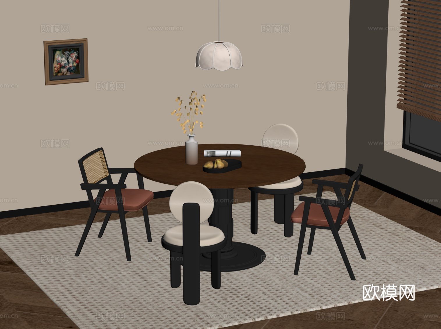法式复古风餐桌椅  圆形餐桌椅su模型