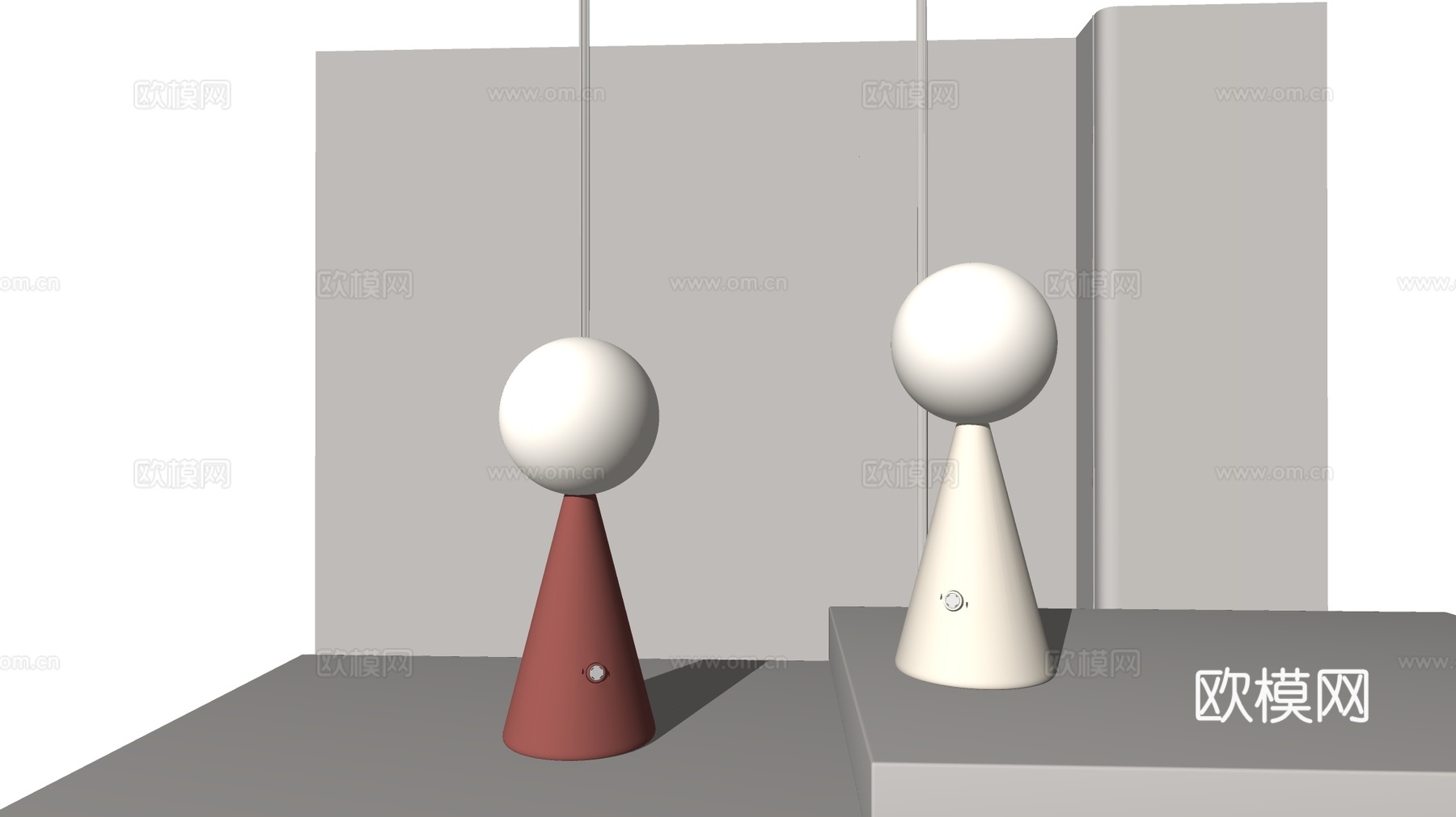 现代简约台灯 意式极简台灯 红白双色 台灯套组 锥形底座 球su模型