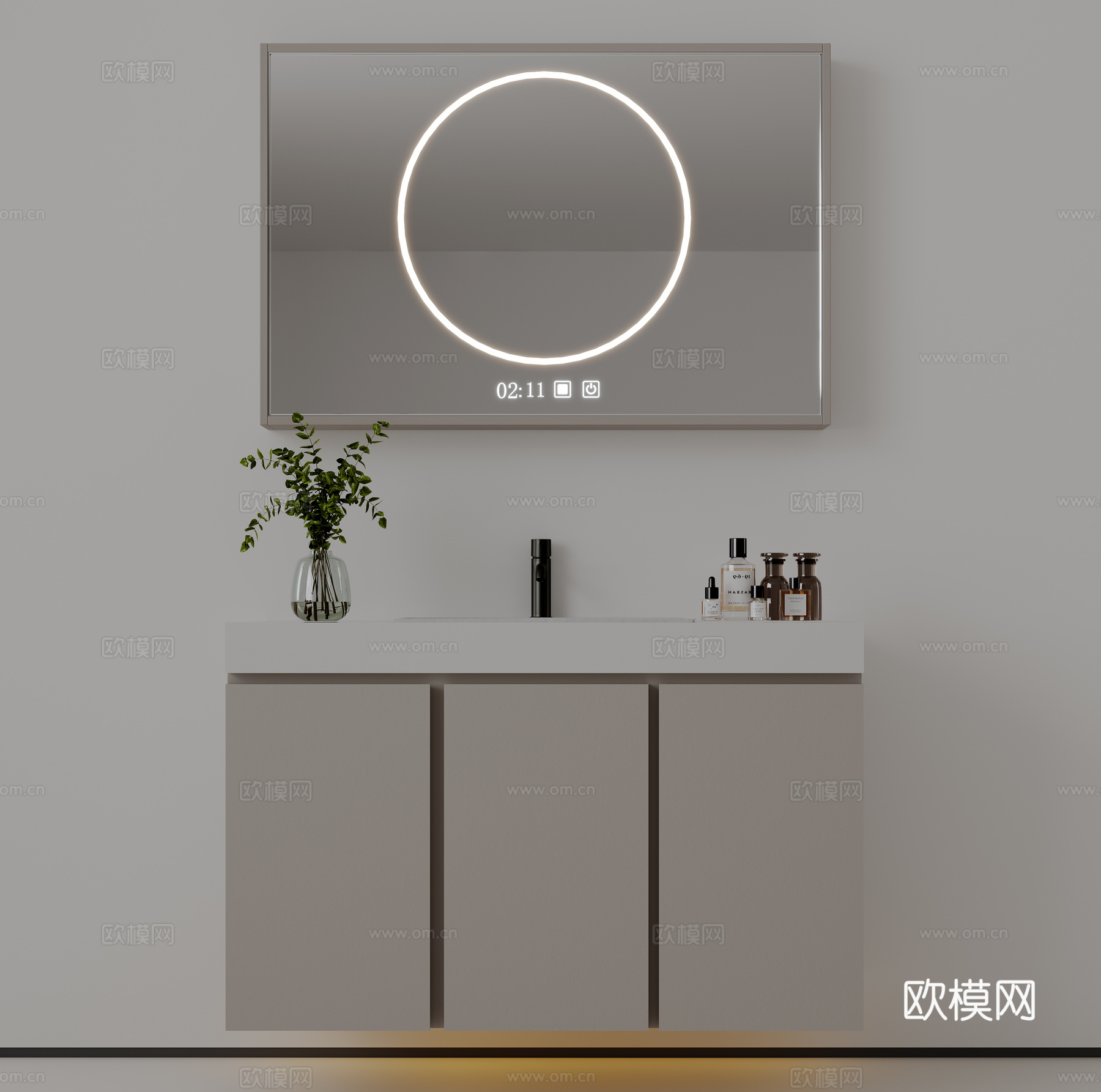 现代极简洗手台 中古浴室柜 台盆柜 装饰品摆件 镜子 水龙头su模型