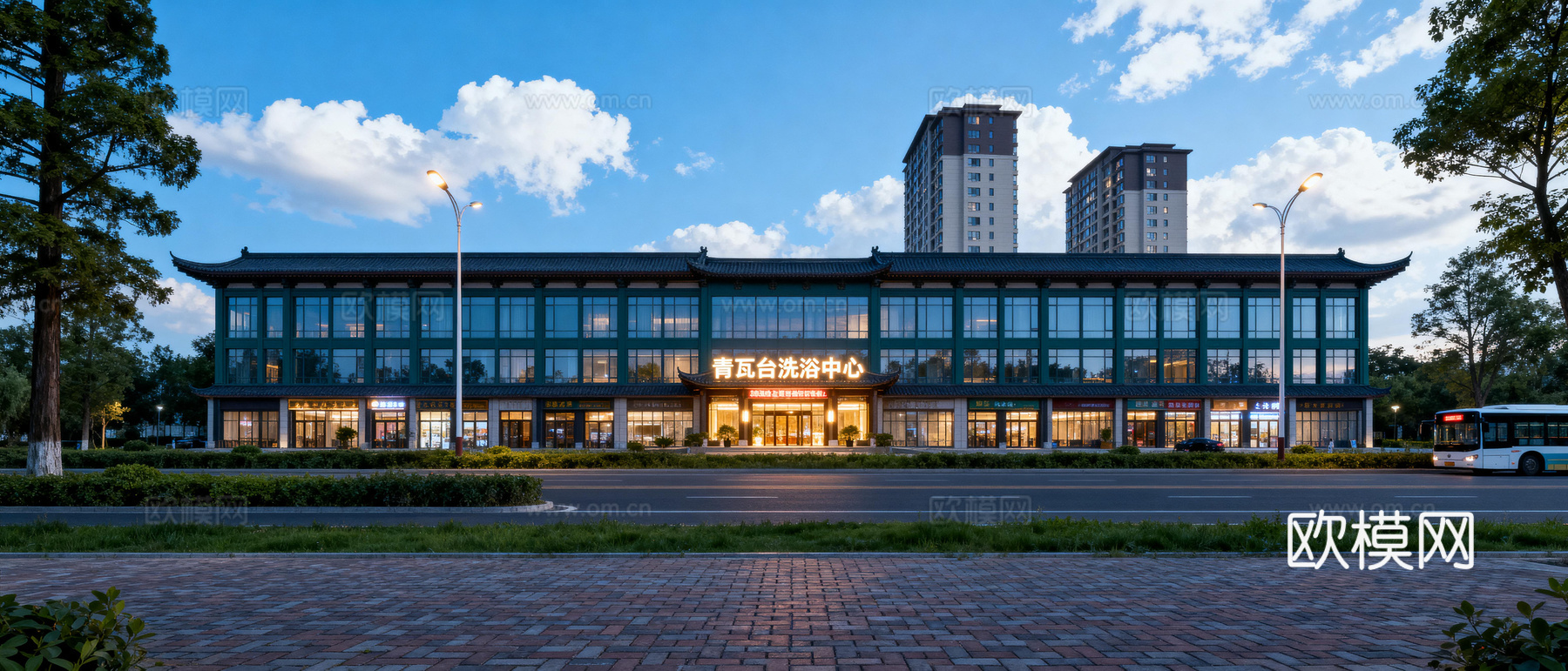 现代城区街景 日景 店面房