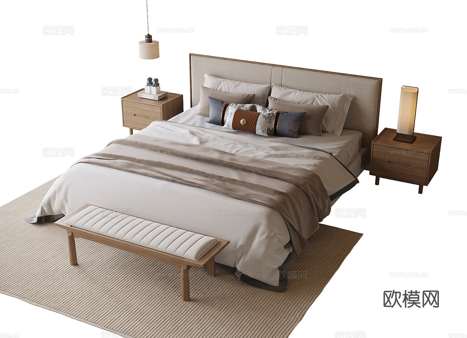 新中式双人床 床尾凳 床头柜su模型