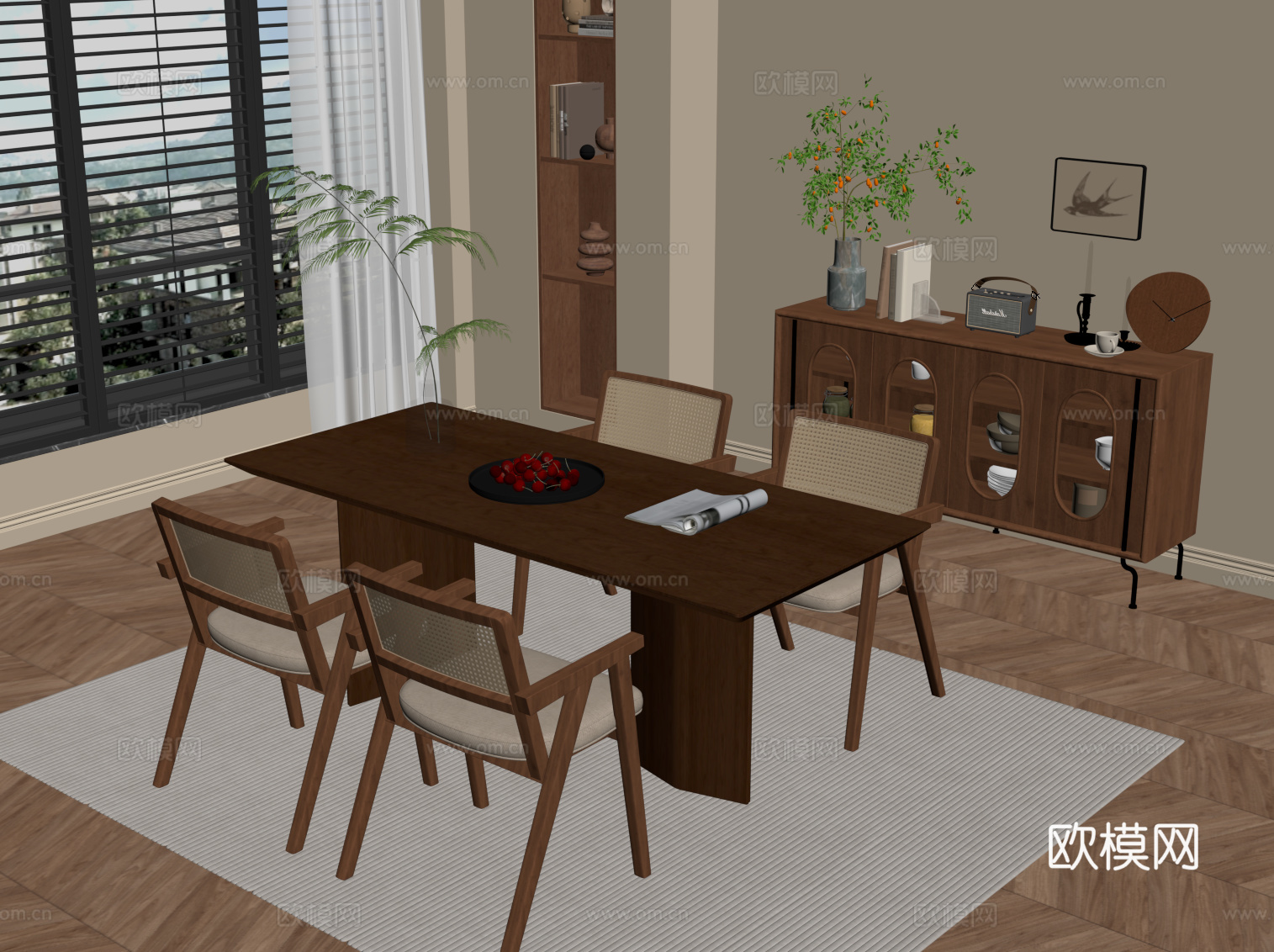 中古风餐厅 餐桌椅 餐边柜su模型