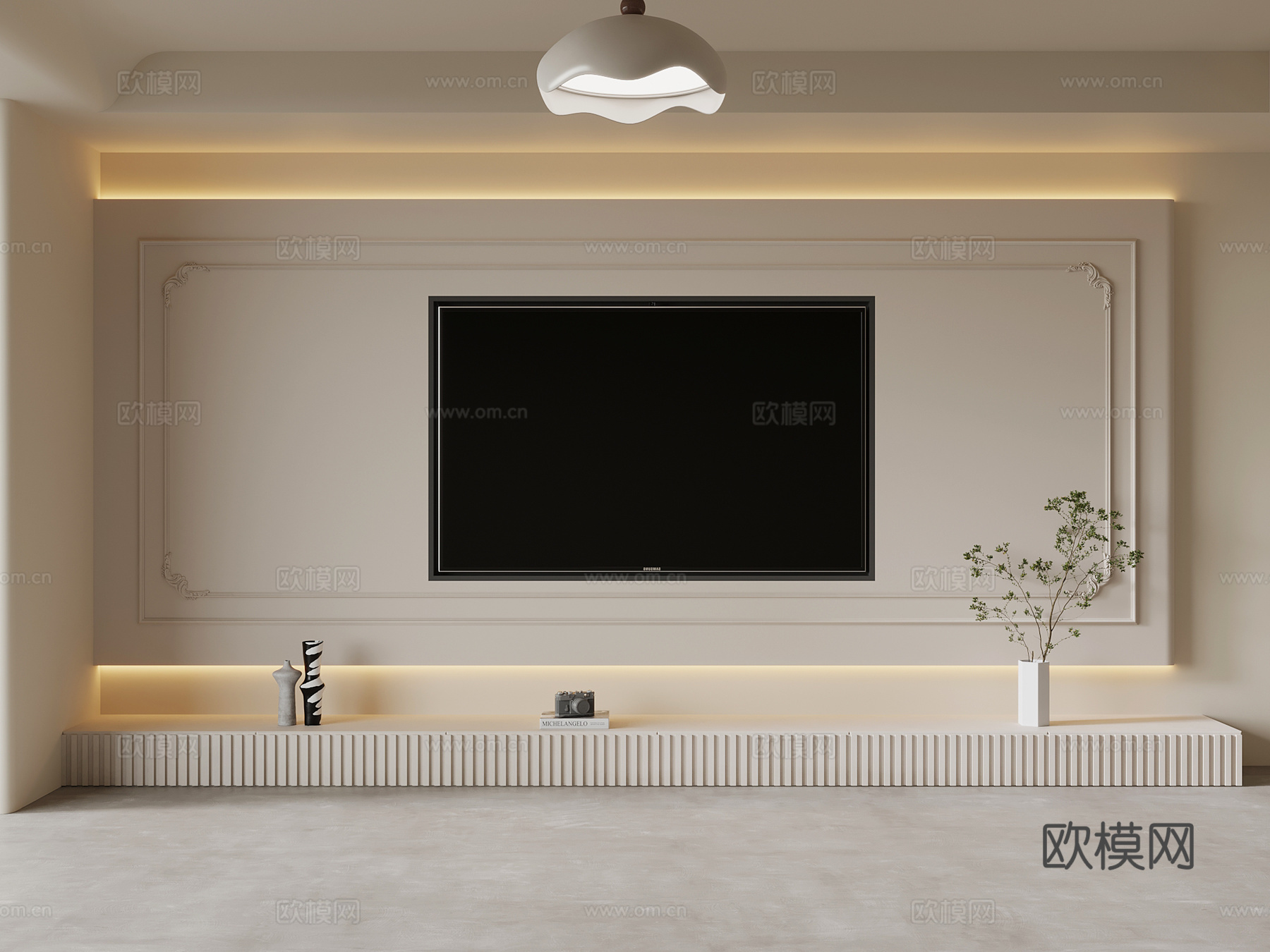 法式奶油风电视背景墙 电视柜su模型