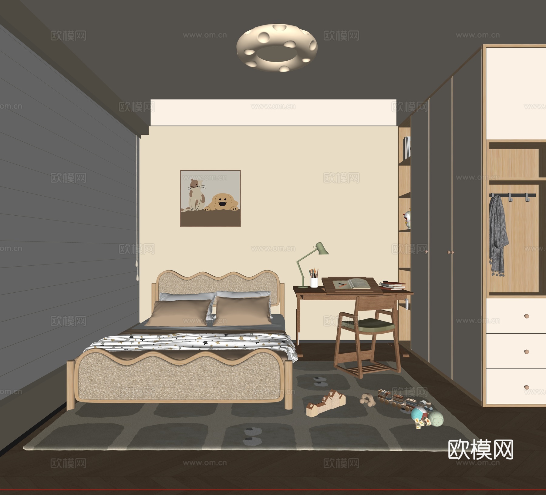 现代儿童房 通用儿童房 实木儿童床 成品书桌椅 升降书桌 实su模型